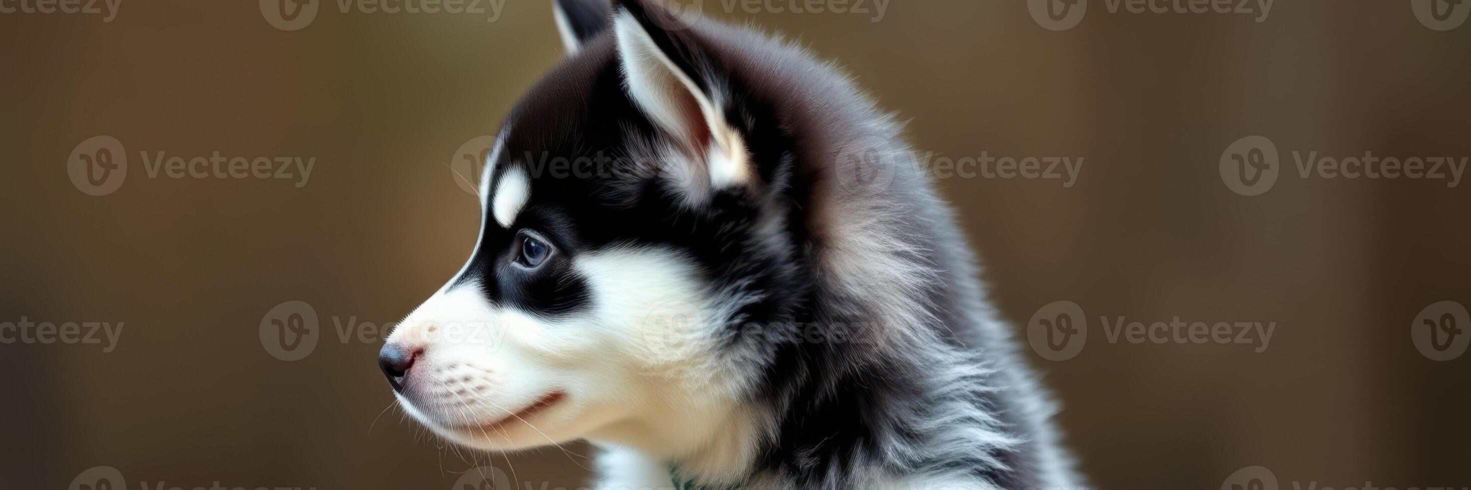 Cute husky puppy looking to the side in a cozy indoor setting photo