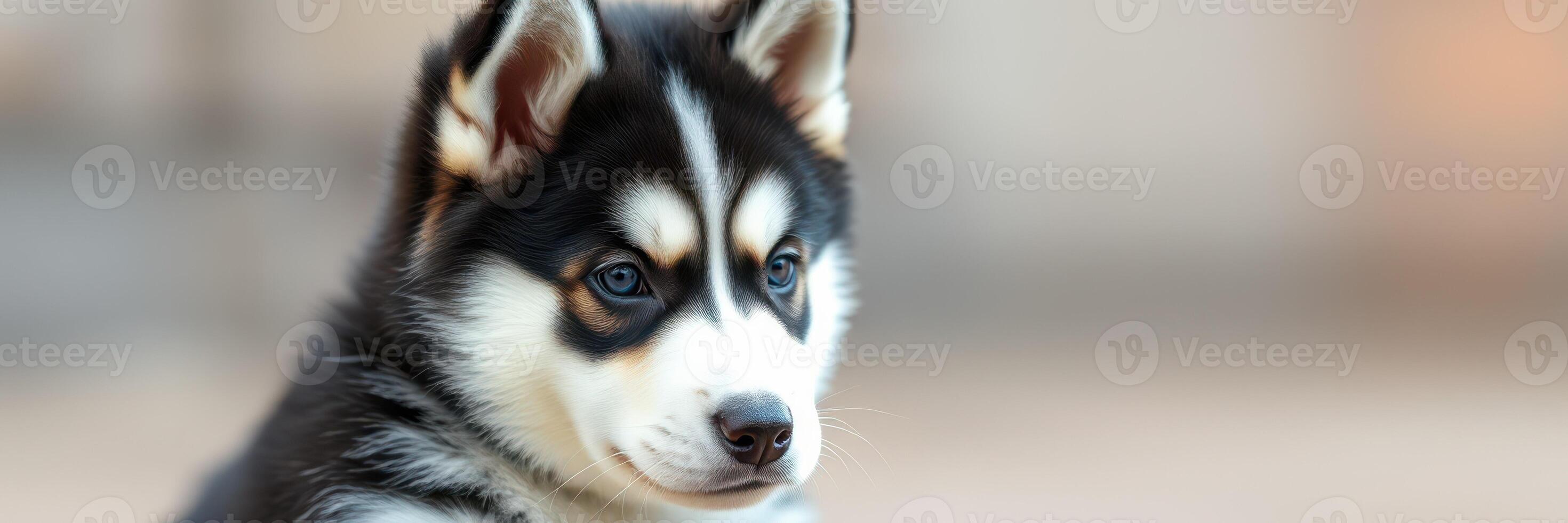 Cute Siberian husky puppy resting on a soft surface in a cozy indoor setting during daylight photo
