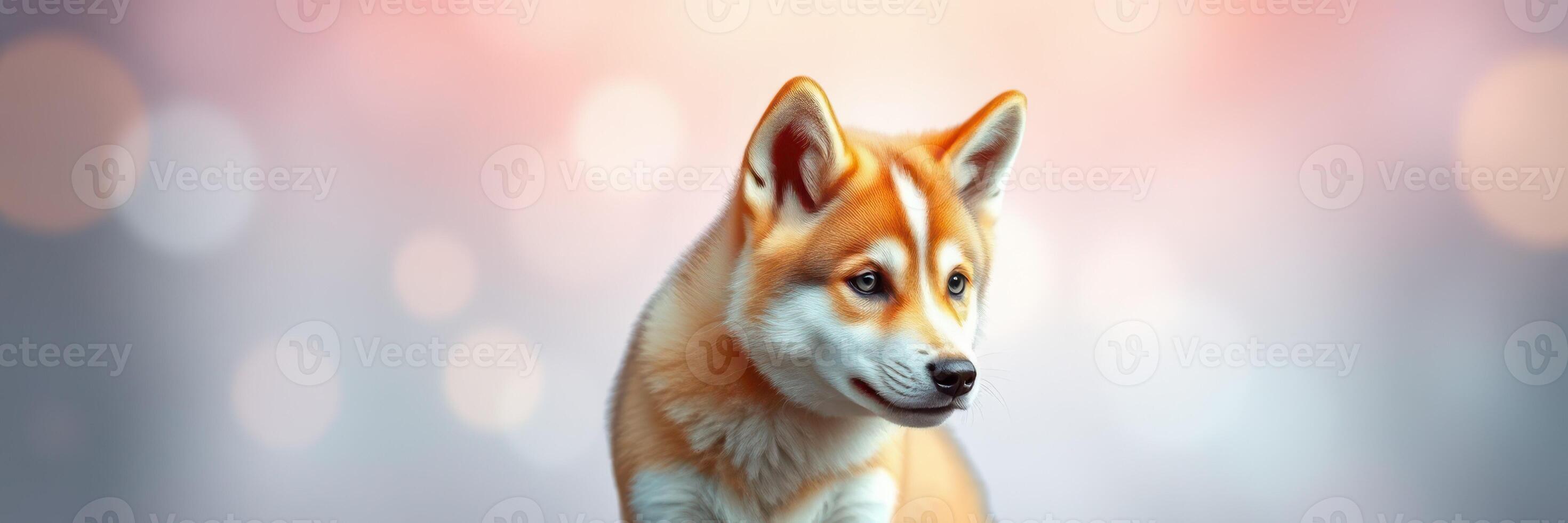 Beautiful shiba inu dog with soft fur and expressive eyes against a colorful blurred background at sunset photo