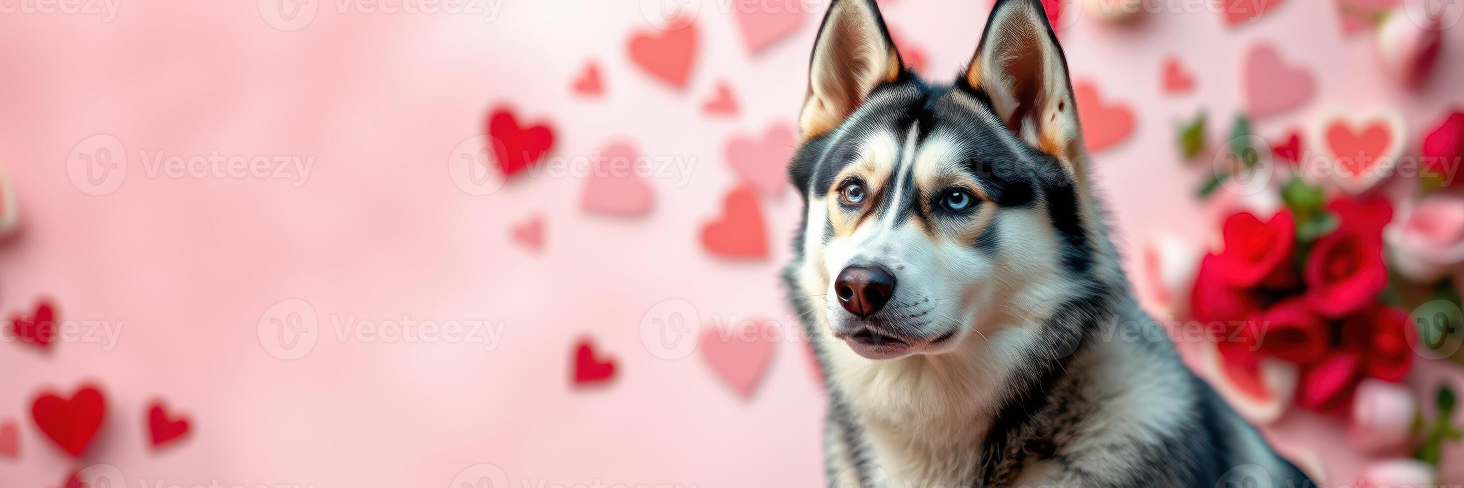 Beautiful husky with heart decorations in a festive setting for celebration of love and affection photo