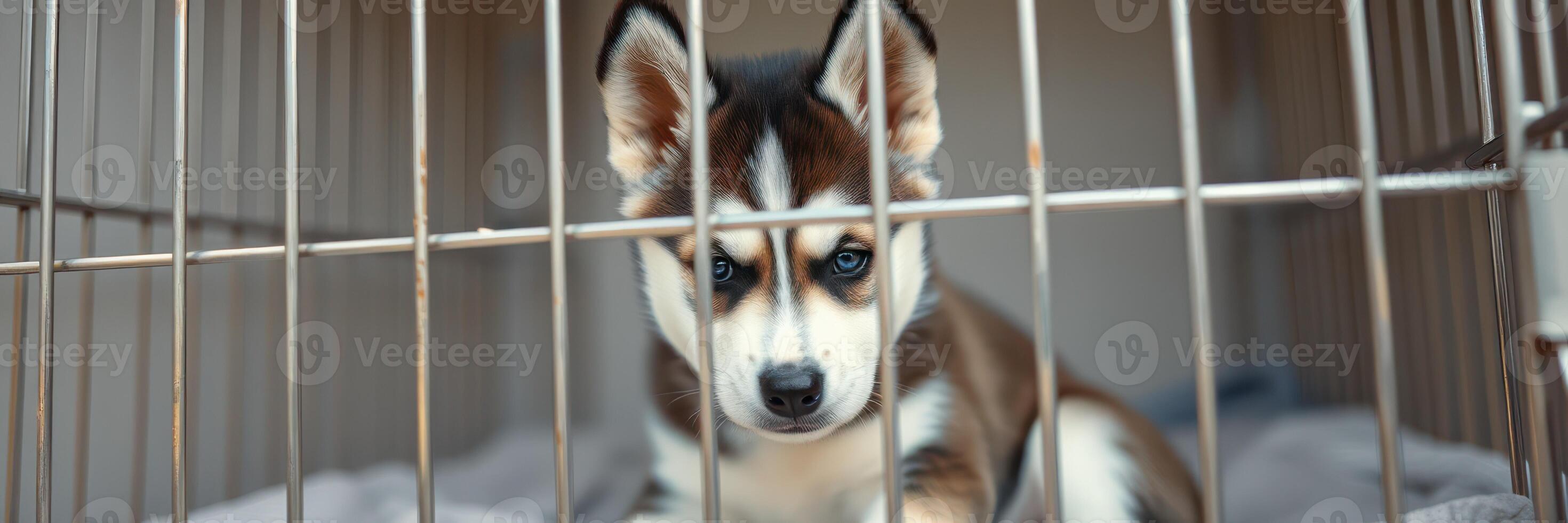 Puppy in a cage looking curiously at the camera in an animal shelter setting photo