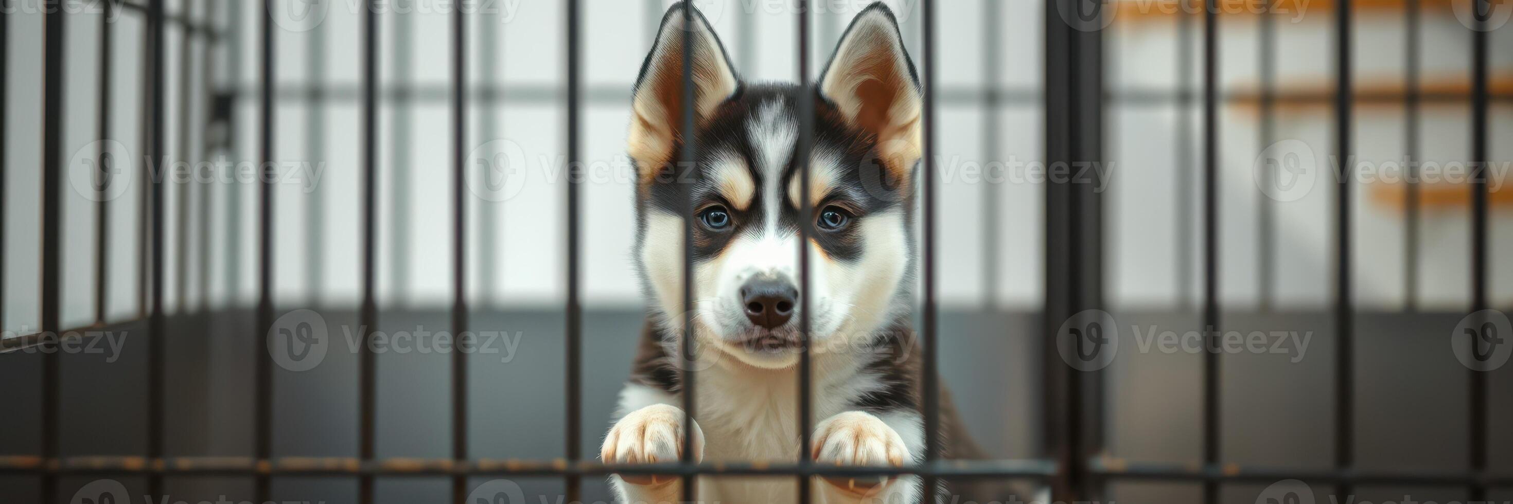 Husky puppy in a cage looking curiously at its surroundings in a cozy indoor space photo
