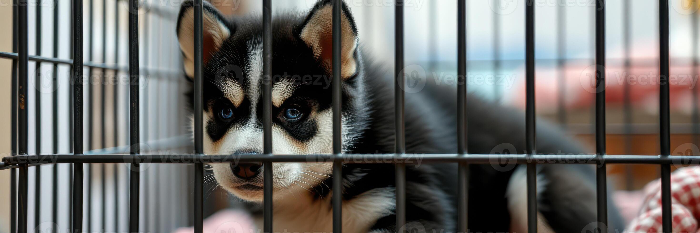 Husky puppy resting in a cage looking through the bars in a cozy indoor space photo