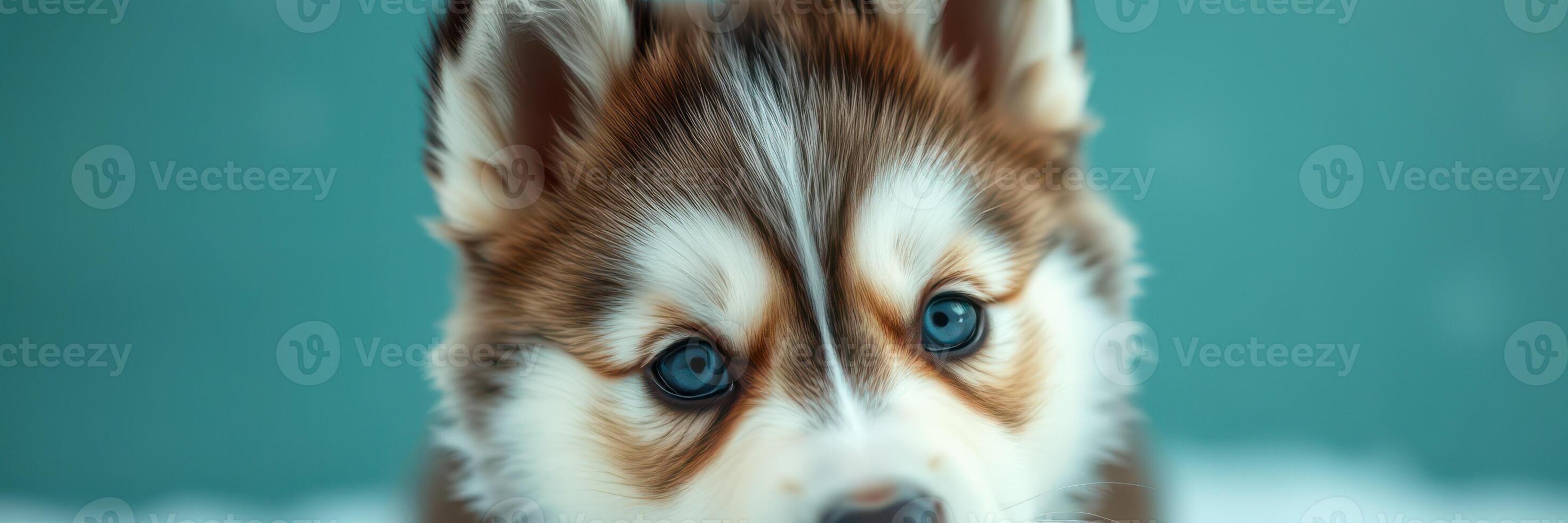 Cute husky puppy with striking blue eyes relaxing on snow in an outdoor setting during winter photo