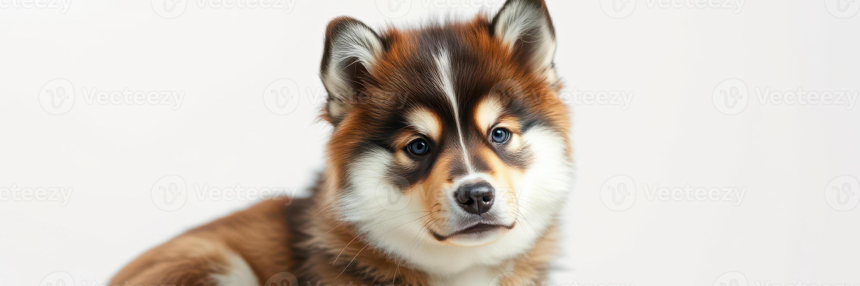 Cute fluffy dog with striking features poses on a light background showcasing its expressive eyes and friendly demeanor photo