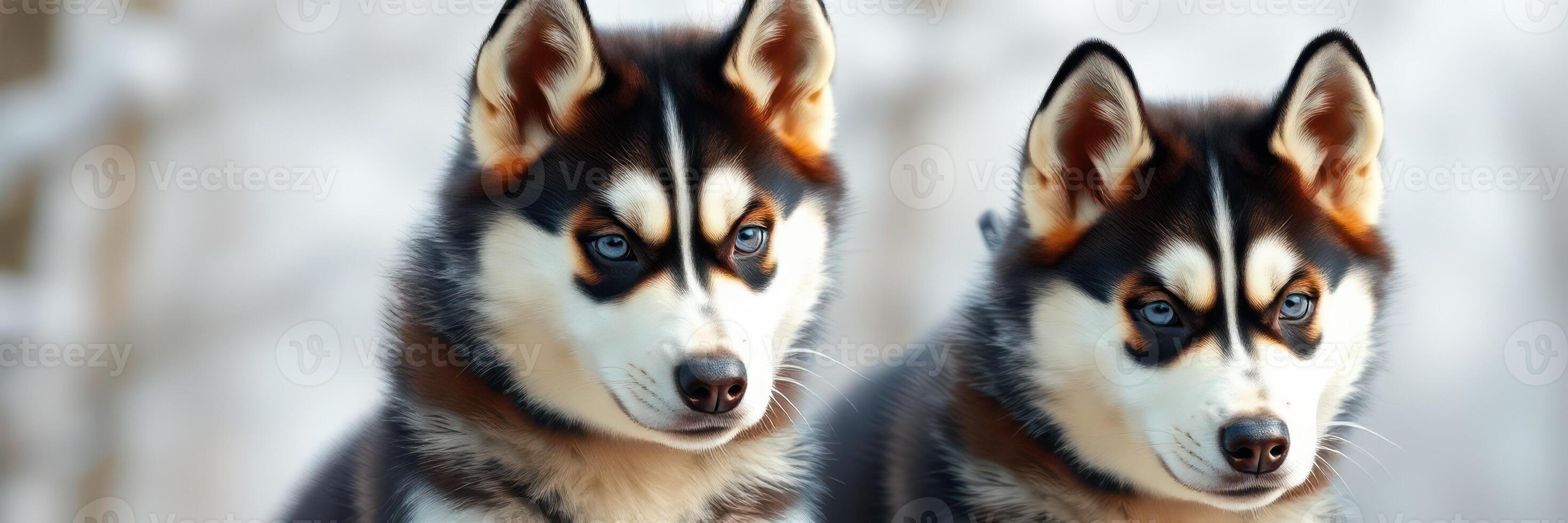 Two beautiful husky puppies sitting side by side in a snowy landscape during a winter day photo