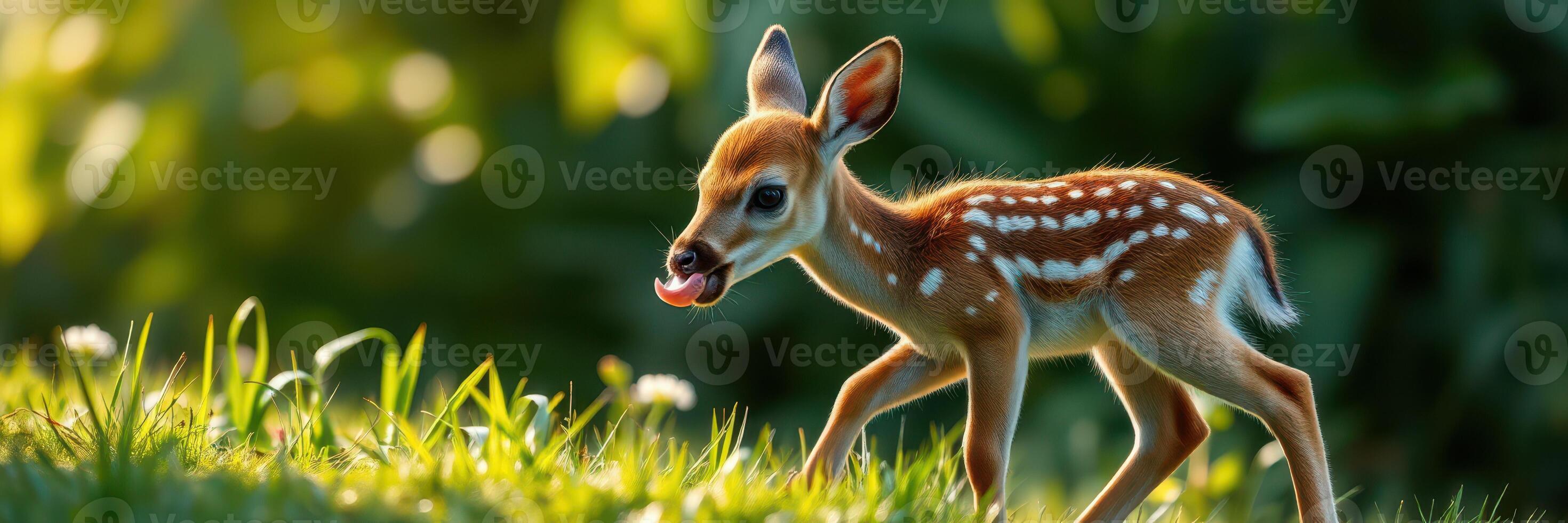 Fawn exploring grassy meadow during early morning light in a serene forest environment photo