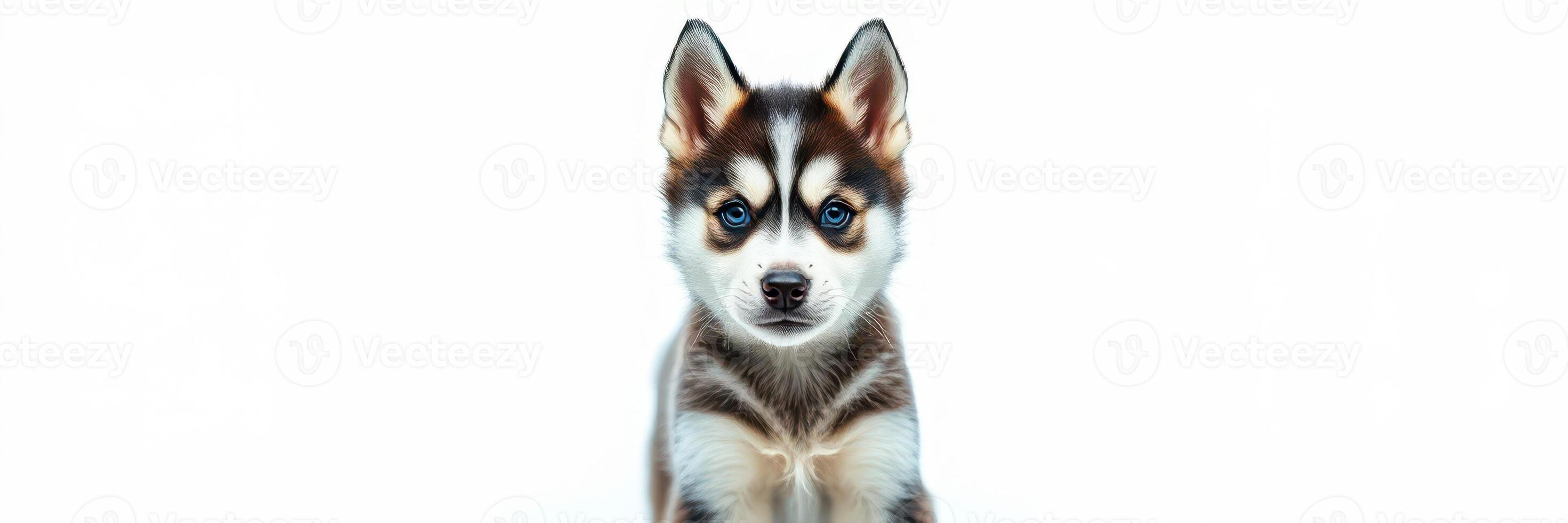 Cute young husky puppy looking directly at the camera with bright blue eyes and fluffy fur in a plain background photo