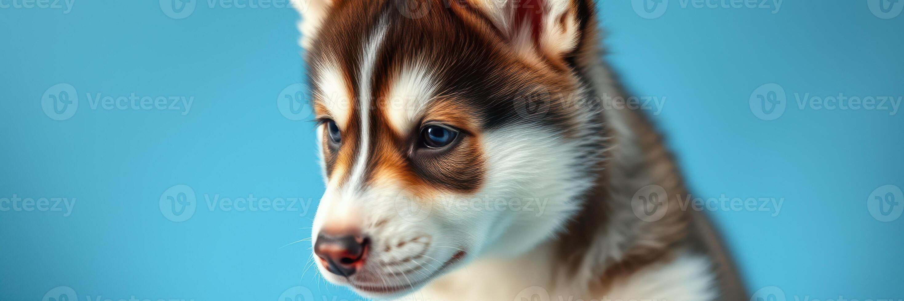 Cute husky puppy with multicolored fur poses against a bright blue background in a studio setting photo