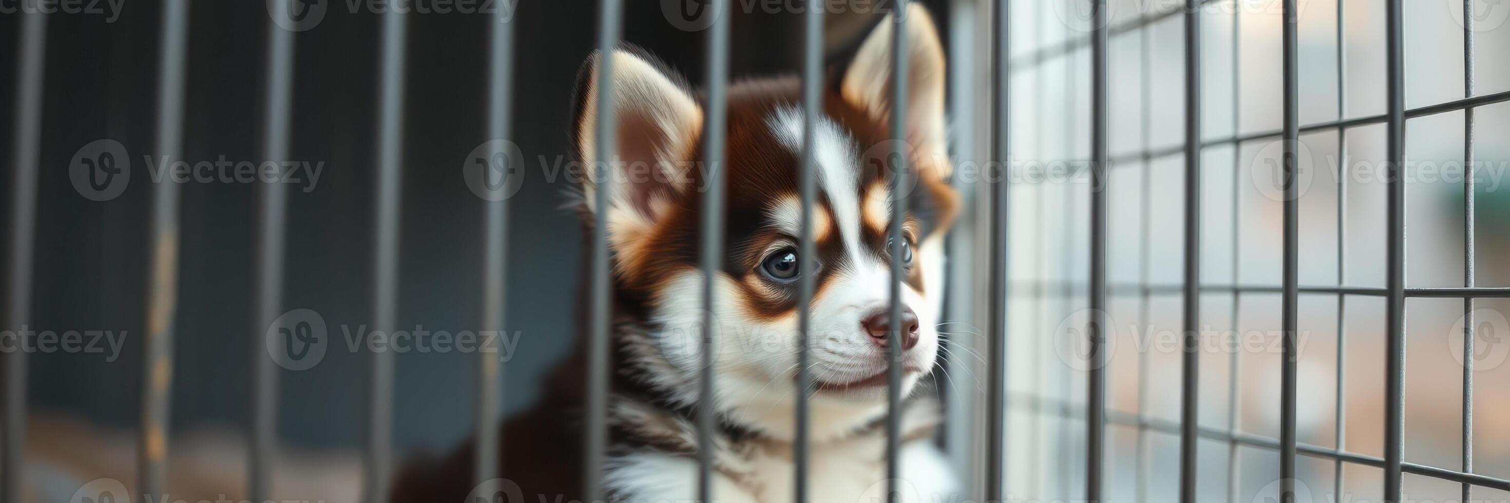 Cute puppy peeking through the bars of a kennel in an animal shelter on a sunny afternoon photo