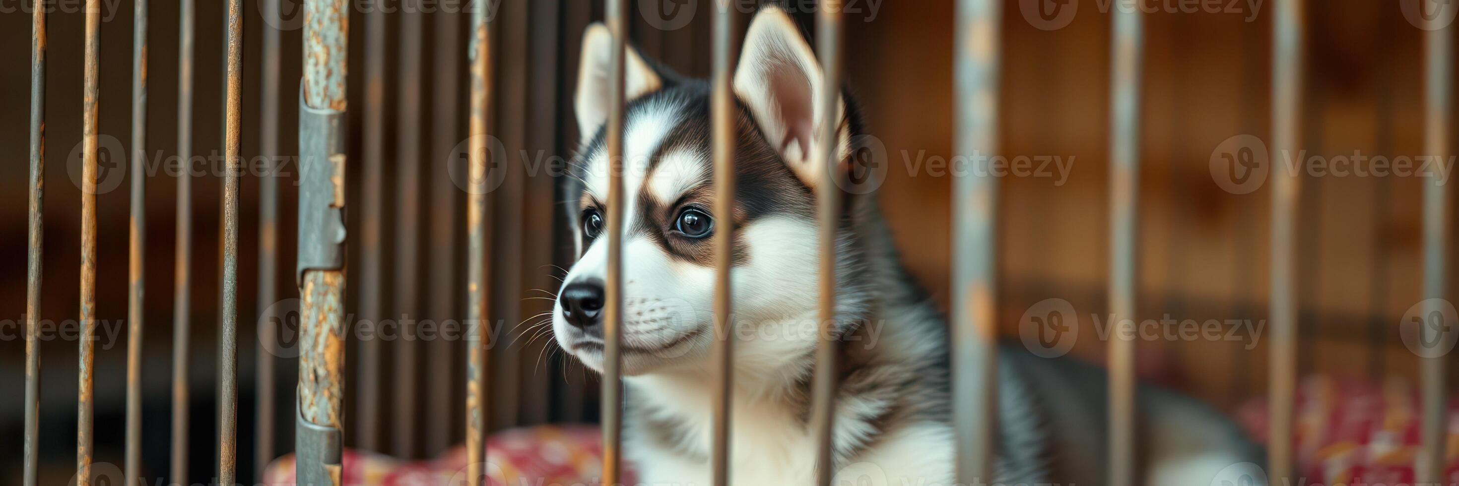 Siberian husky puppy peeks through the bars of a cage in an animal shelter during daytime photo