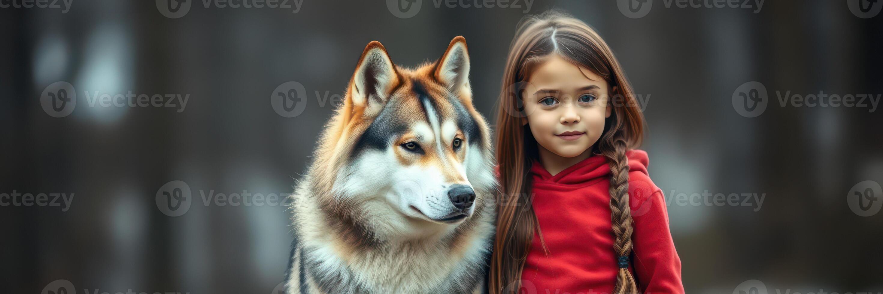Child quietly stands next to a fluffy husky in a serene forest setting during a chilly afternoon photo