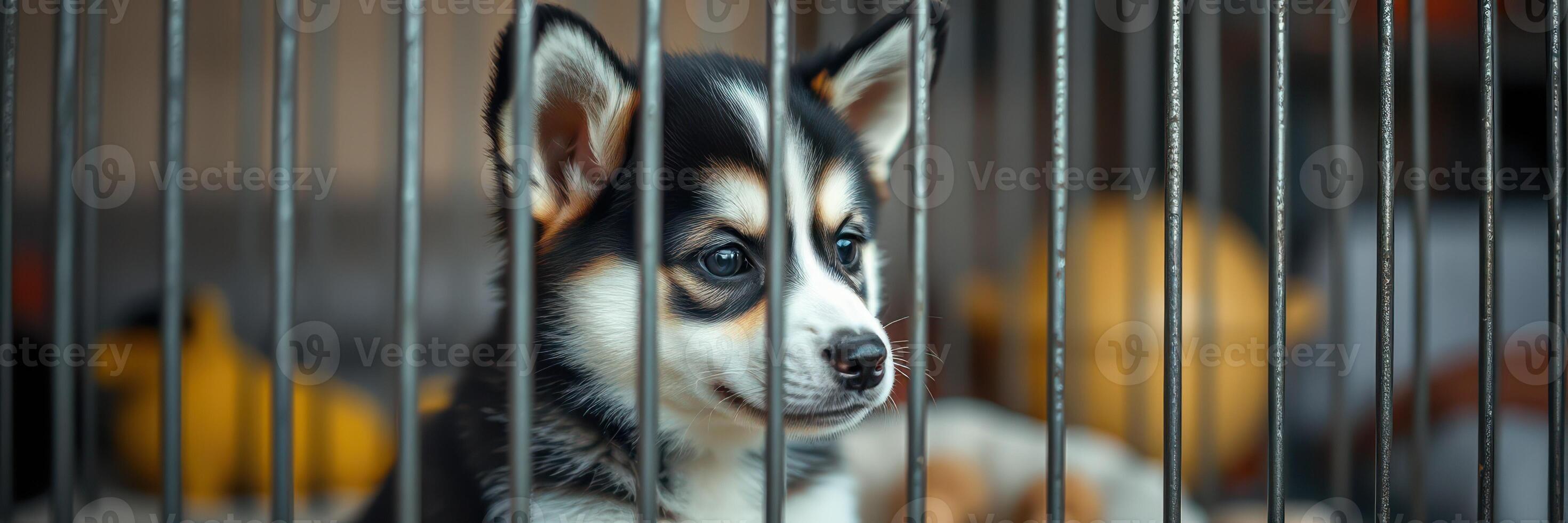 Cute puppy gazes through bars in a cozy shelter setting during the afternoon photo