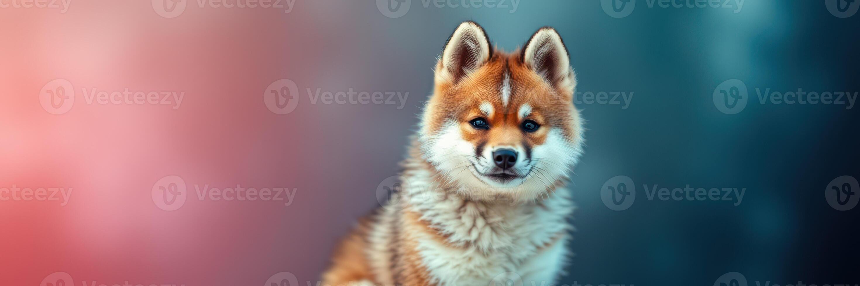 Cute orange and white puppy sits in front of a colorful blurred background during a sunny afternoon photo