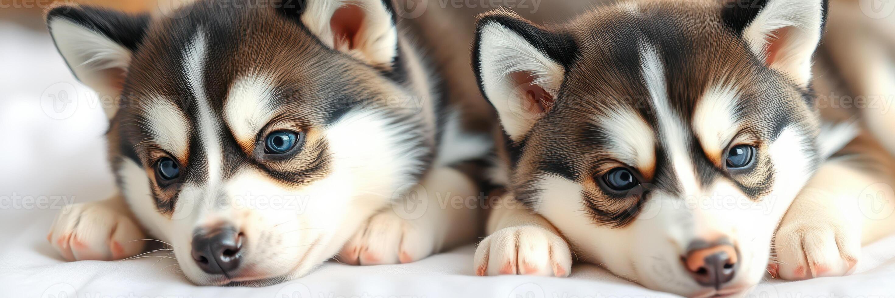 Huskies playfully laying on a soft surface in a cozy indoor setting during the afternoon photo