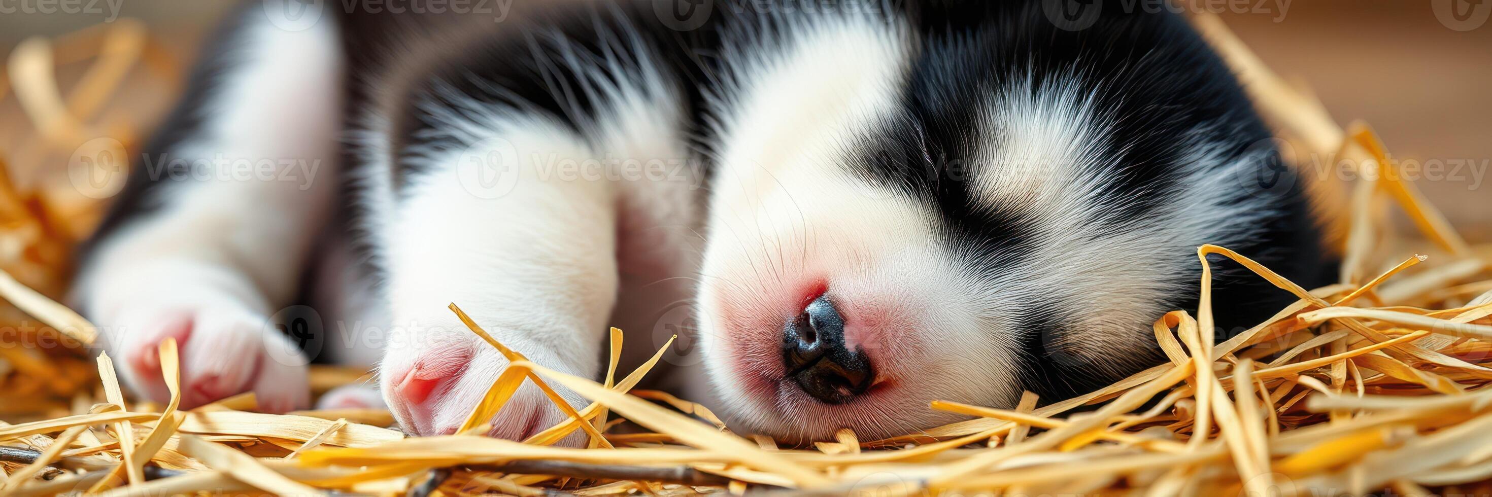 A small puppy peacefully sleeping on a bed of straw in a cozy indoor setting during the day photo