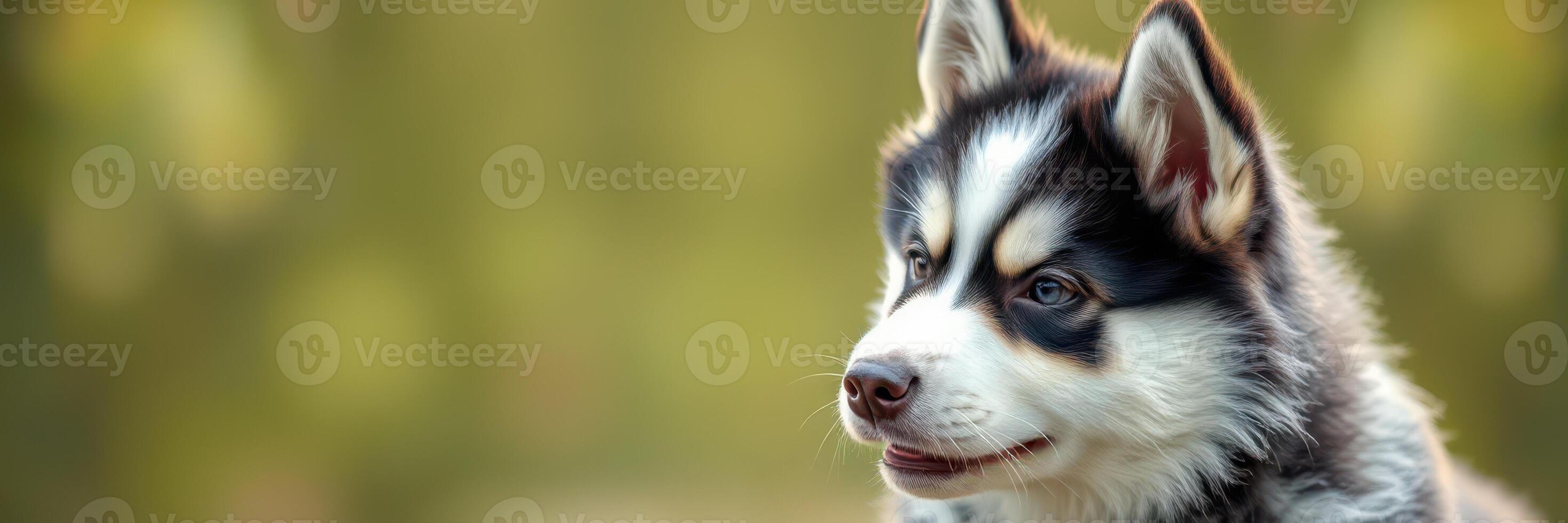 Fluffy husky puppy gazes into the distance in a natural outdoor setting during golden hour photo
