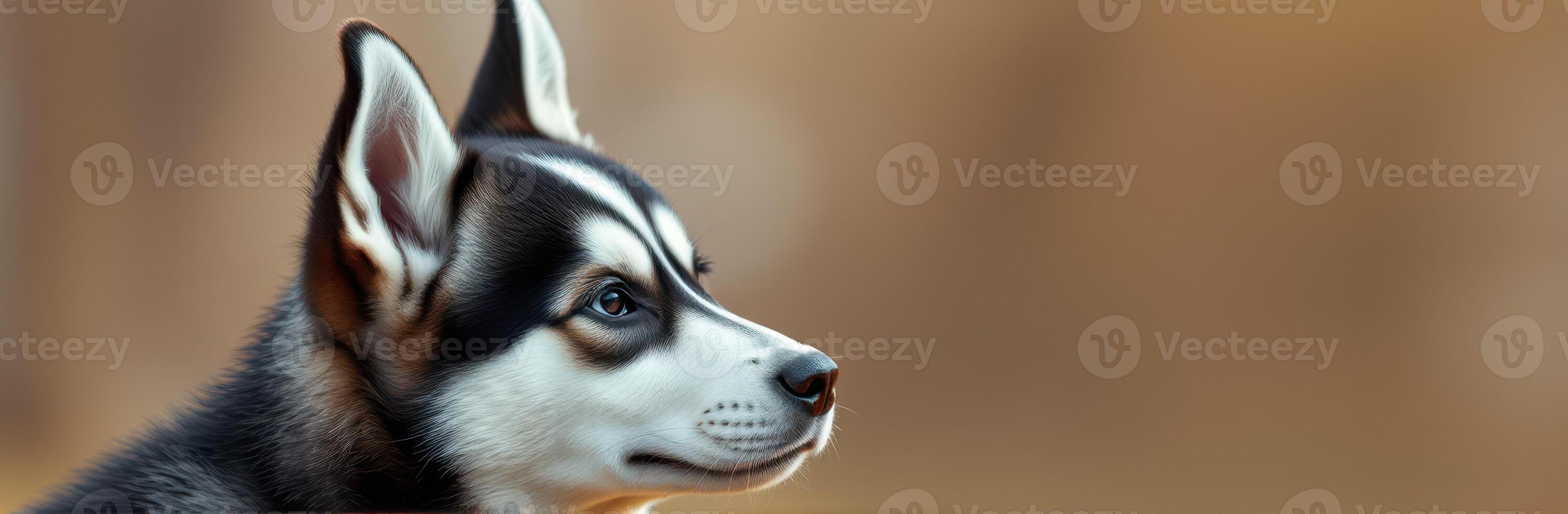Portrait of a husky dog with striking features against a soft, blurred background photo