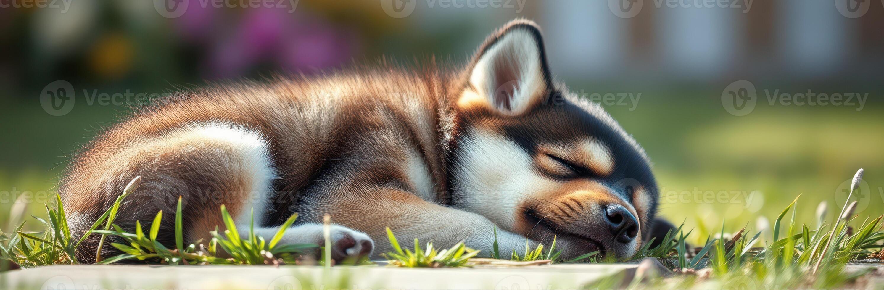Cute puppy sleeping peacefully in a sunny garden surrounded by fresh grass and colorful flowers in the afternoon photo
