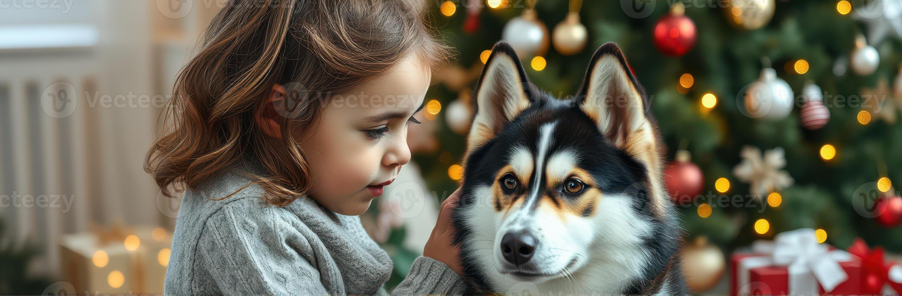 Child and dog share a tender moment in front of a festive Christmas tree decorated with ornaments and gifts photo