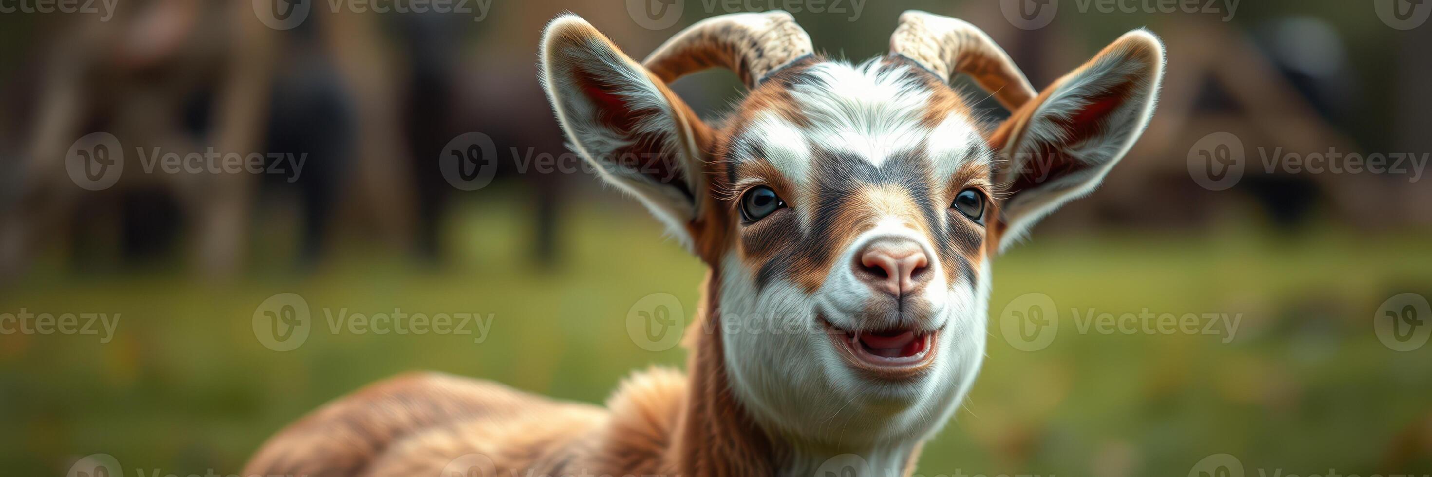 Young goat with a playful expression enjoying a sunny day in a green pasture surrounded by farm animals photo
