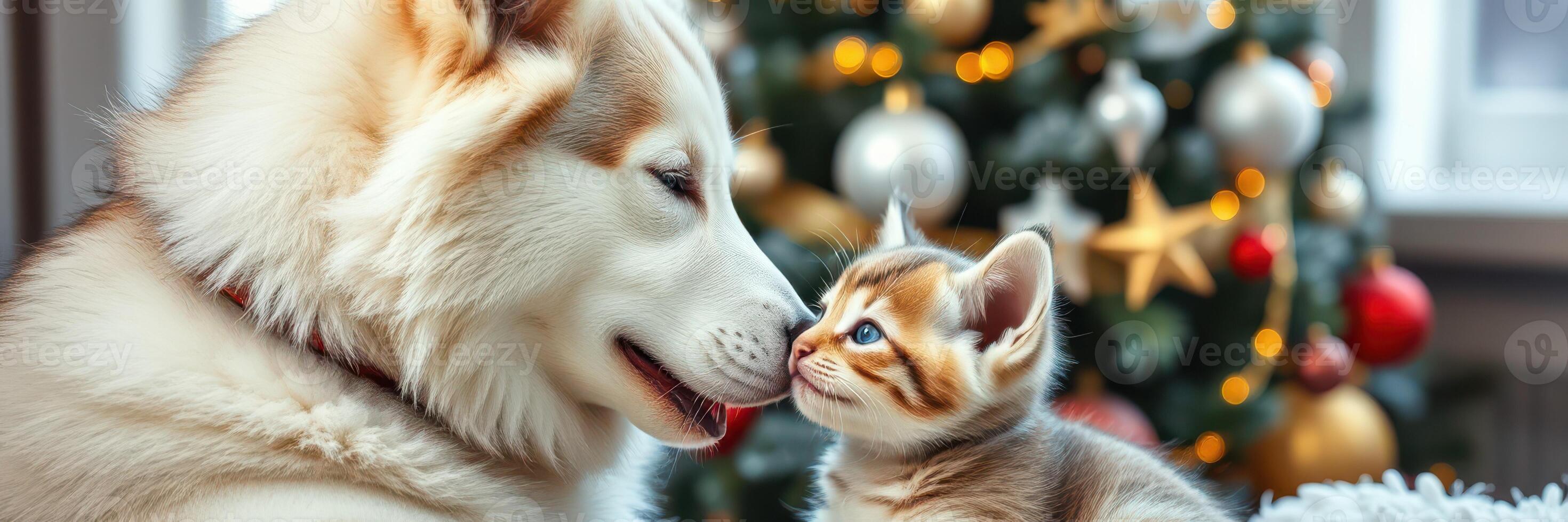 Siberian husky and kitten share a tender moment beside a decorated Christmas tree photo