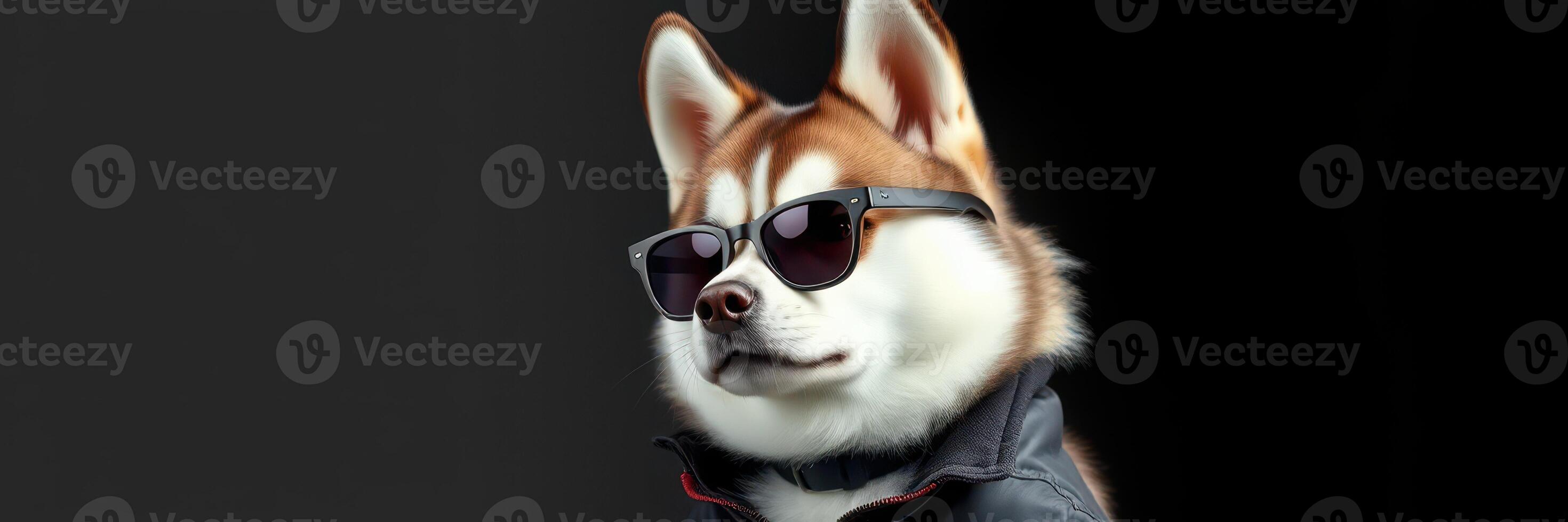 Stylish dog wearing sunglasses and jacket poses confidently in a studio setting photo