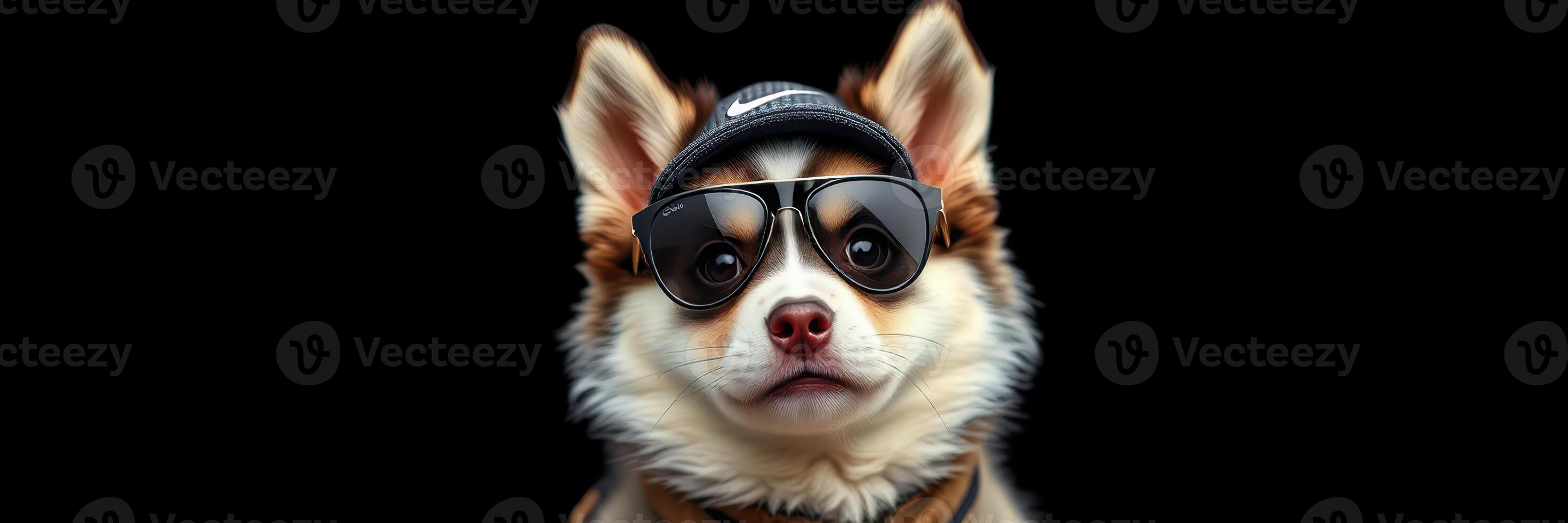 Stylish dog wearing sunglasses and a hat poses confidently in front of a dark background photo