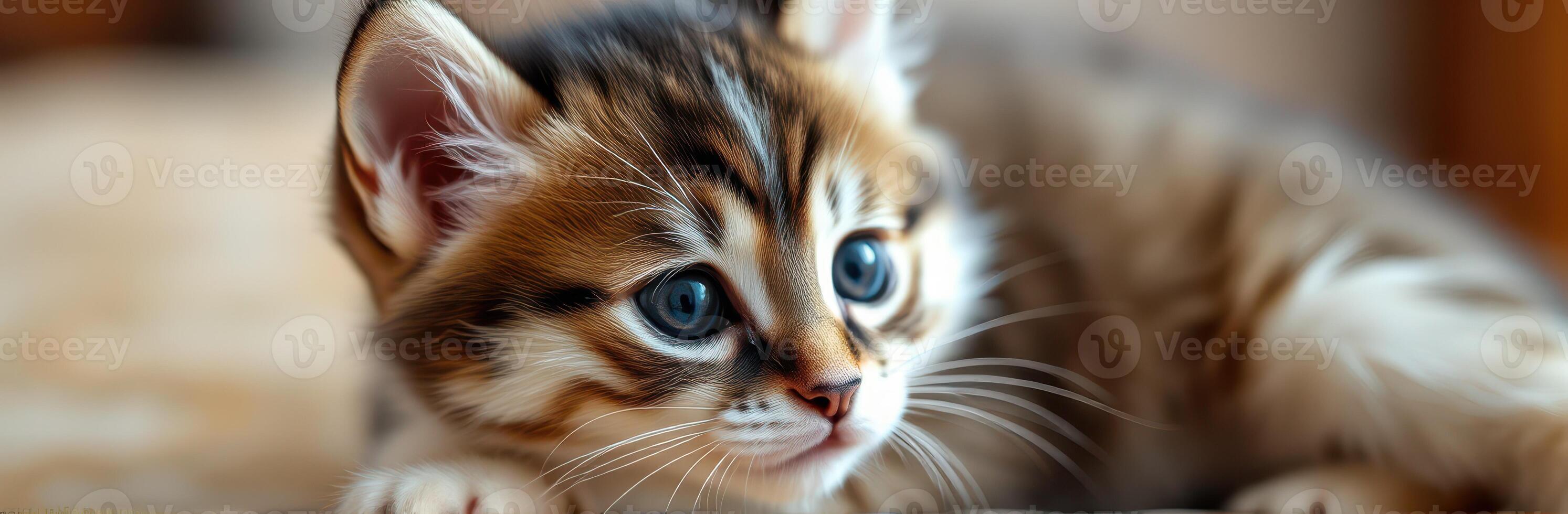 Cute fluffy kitten resting on a soft surface, showcasing its vibrant blue eyes and playful demeanor photo