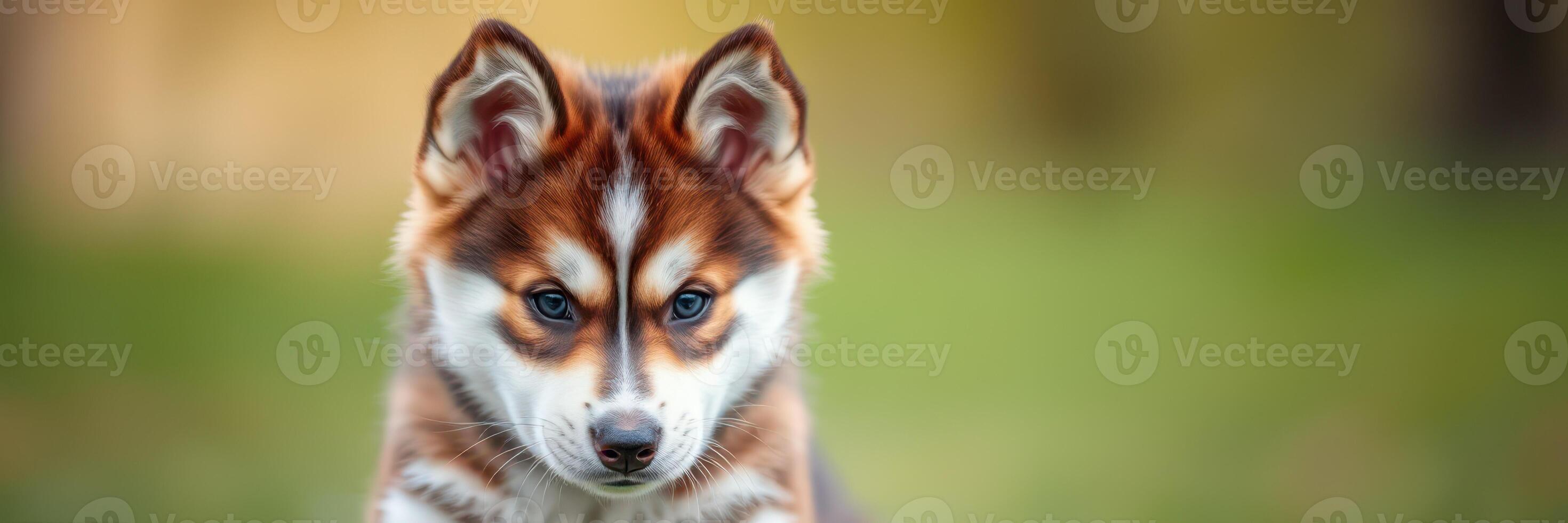 Cute puppy with striking fur pattern sitting in a grassy area during golden hour photo
