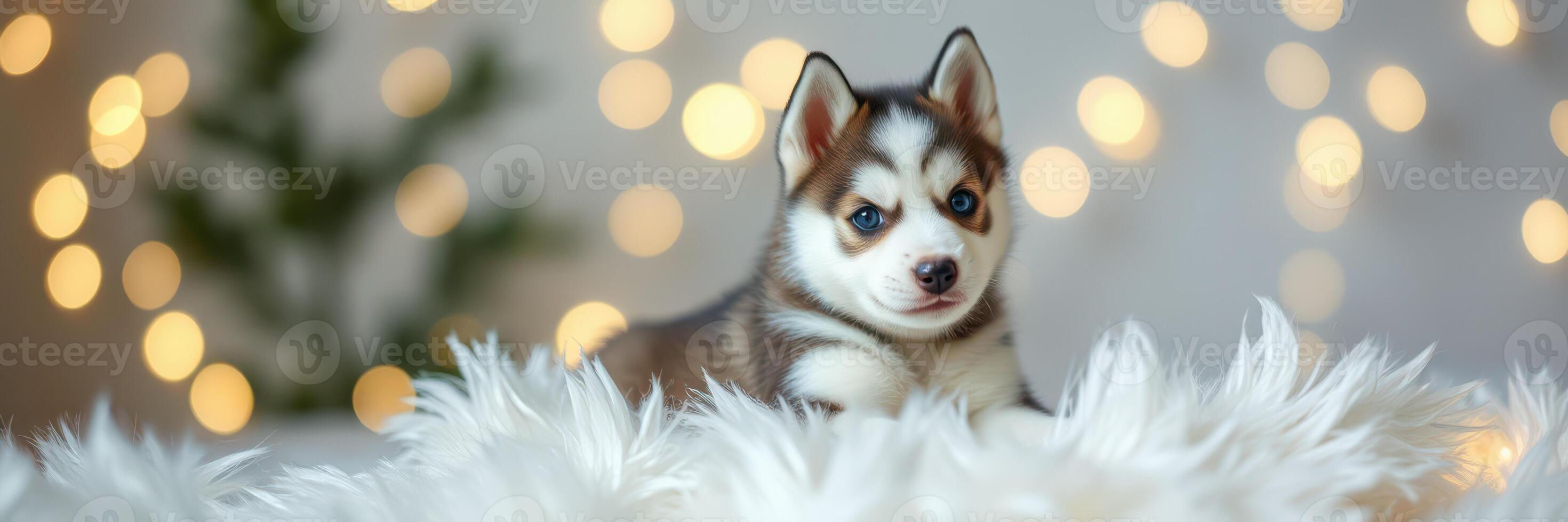 Adorable husky puppy resting on soft white fur with twinkling lights in the background during a cozy indoor setting photo