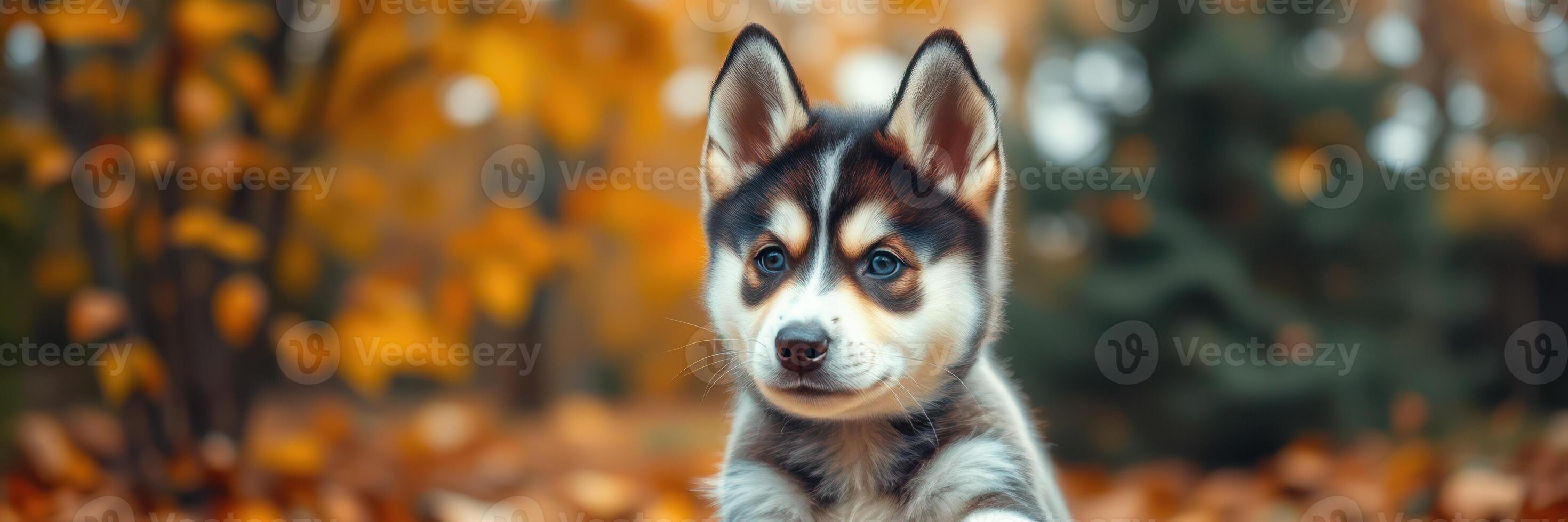Cute husky puppy sitting in a colorful autumn forest surrounded by fallen leaves and vibrant trees during daylight photo
