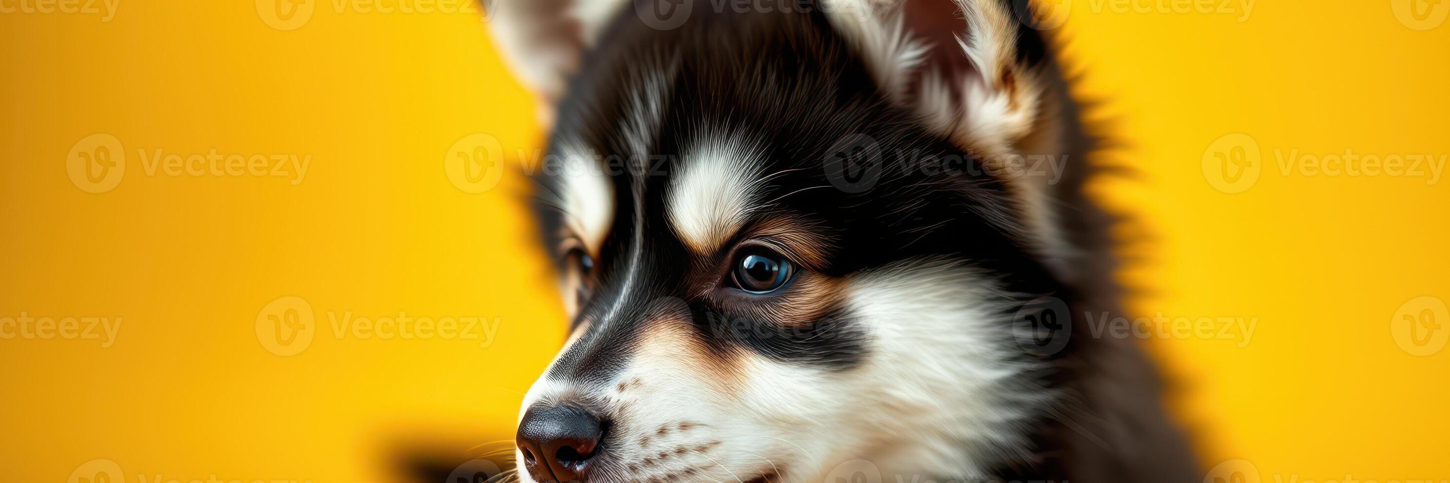 Cute black and white puppy with bright eyes against a vibrant yellow background enjoying a moment of playfulness photo