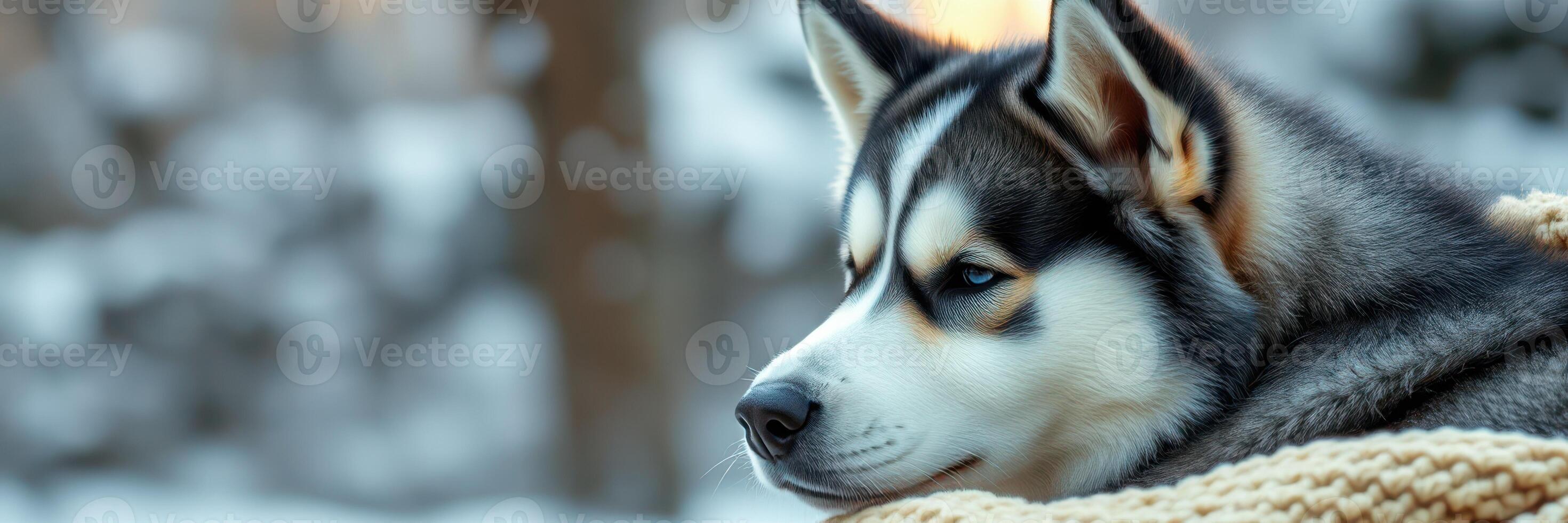 Husky rests peacefully in a snowy forest landscape during winter photo