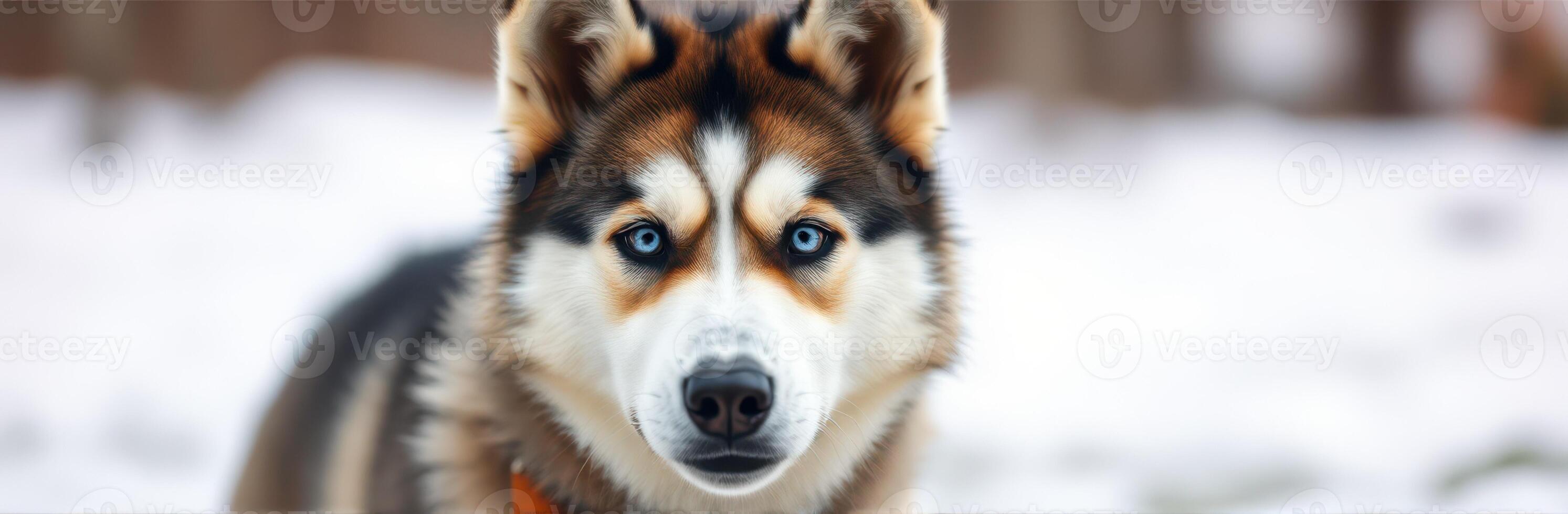 Winter environment with a close-up of a husky dog showing striking blue eyes and a playful expression on a snowy background photo