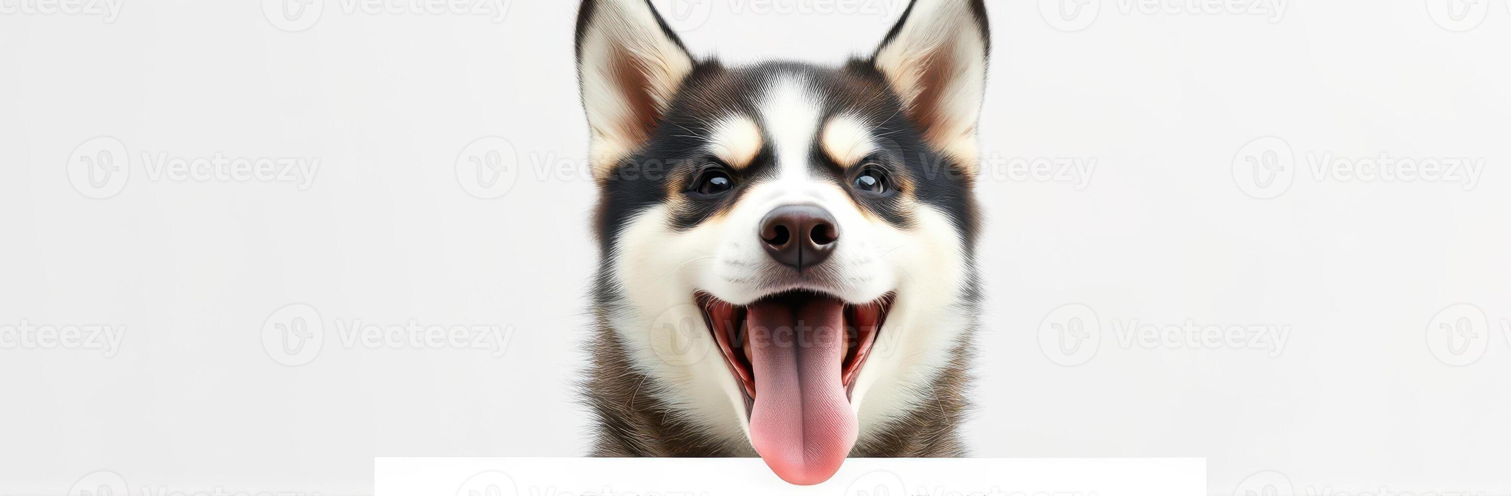 Happy dog with pink tongue smiling against neutral background in bright indoor setting photo