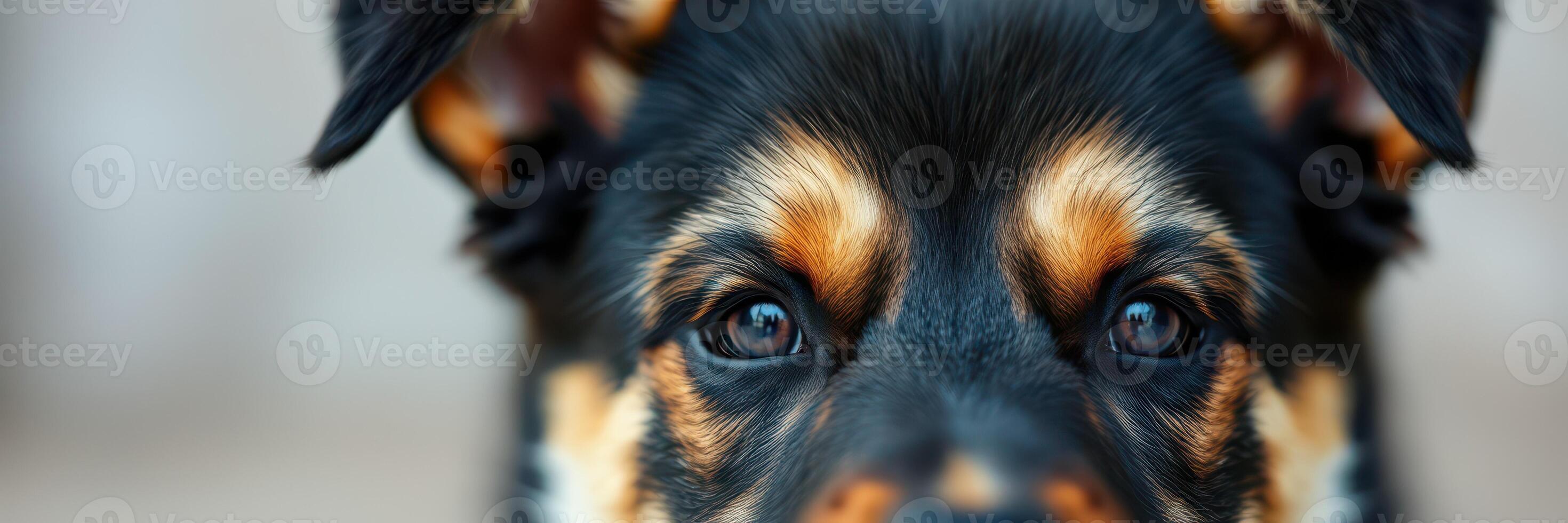 Close-up view of a playful dog with expressive eyes enjoying a sunny moment outdoors in a natural setting photo
