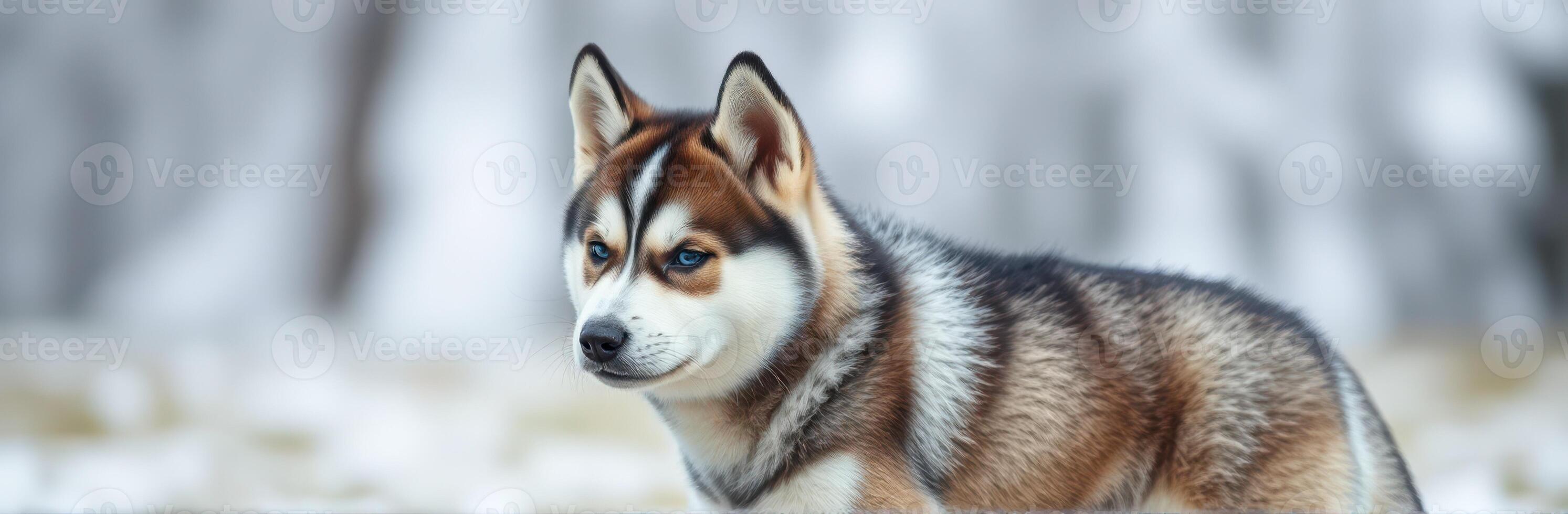 Husky dog standing gracefully in a snowy forest during winter in early morning light photo