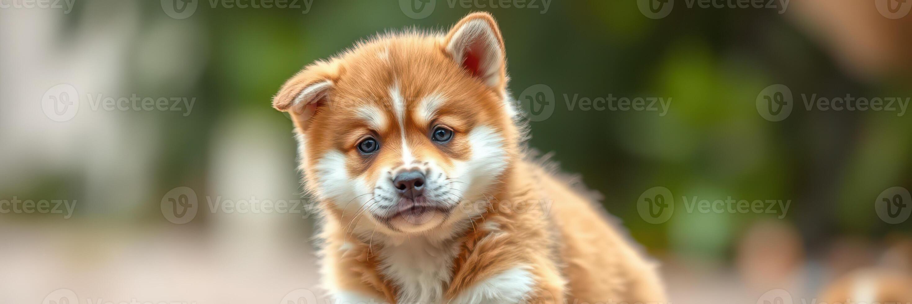 Cute brown and white puppy playing outdoors in a lush green environment during a sunny day photo