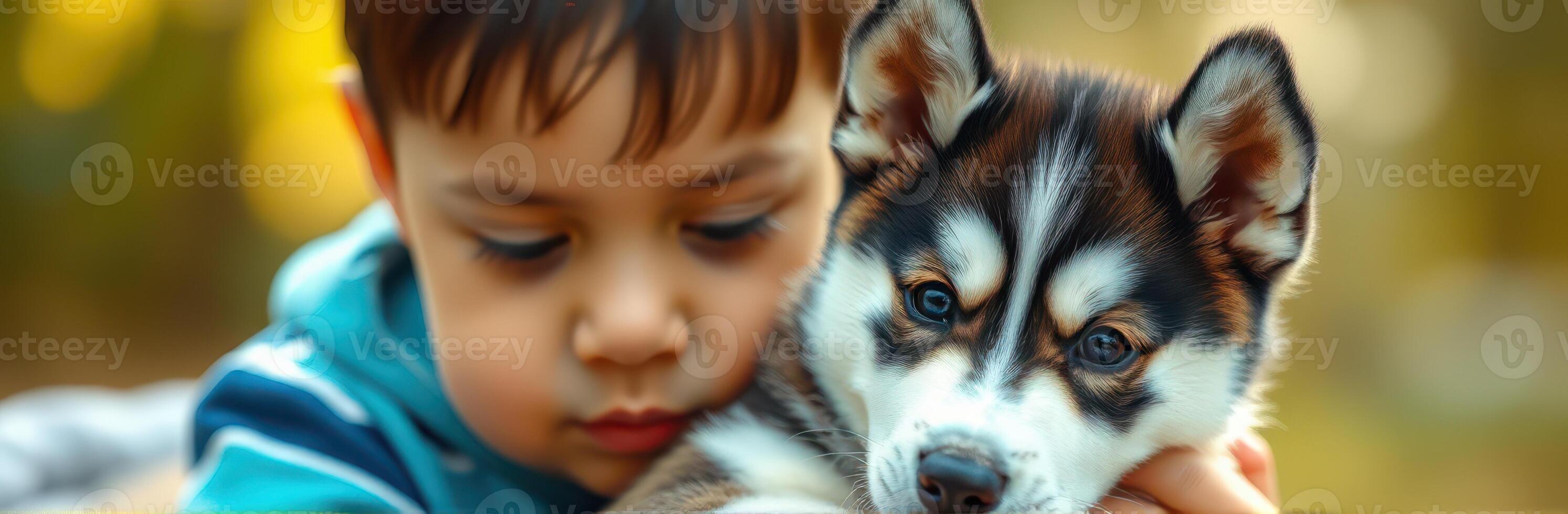 Child cuddles a playful husky puppy in a sunny outdoor setting during late afternoon photo