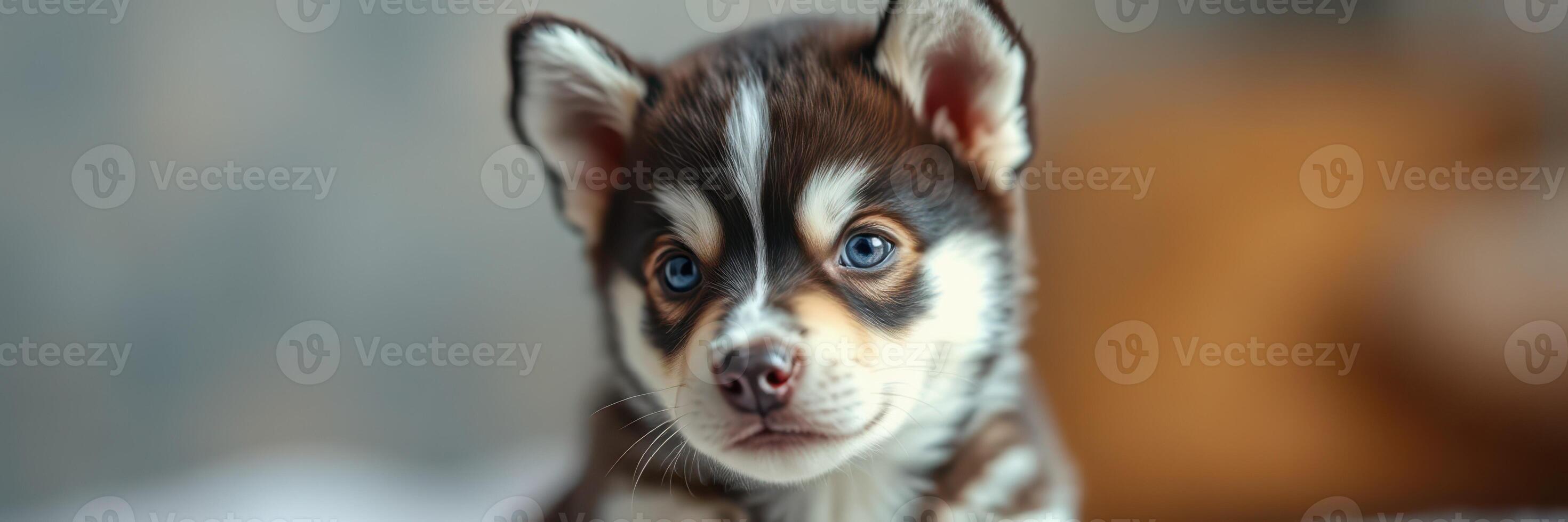 Playful puppy with striking coat and curious eyes sits indoors during late afternoon photo