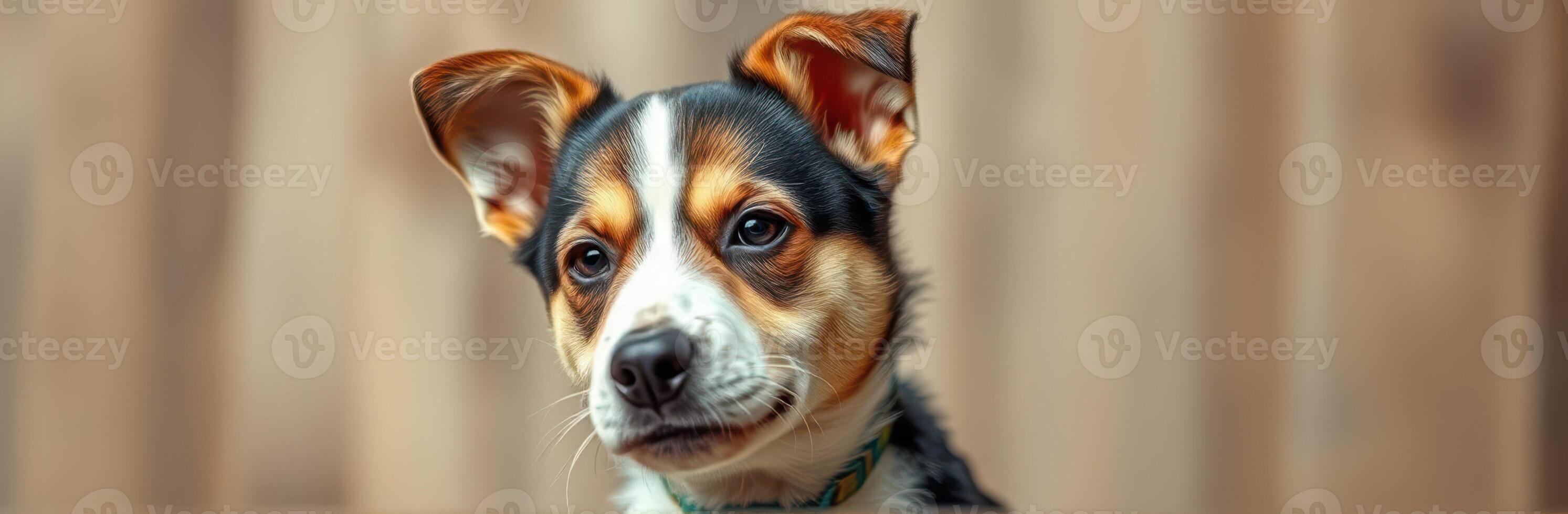 Cute dog with a curious expression looking towards the camera in a cozy indoor setting with soft lighting photo