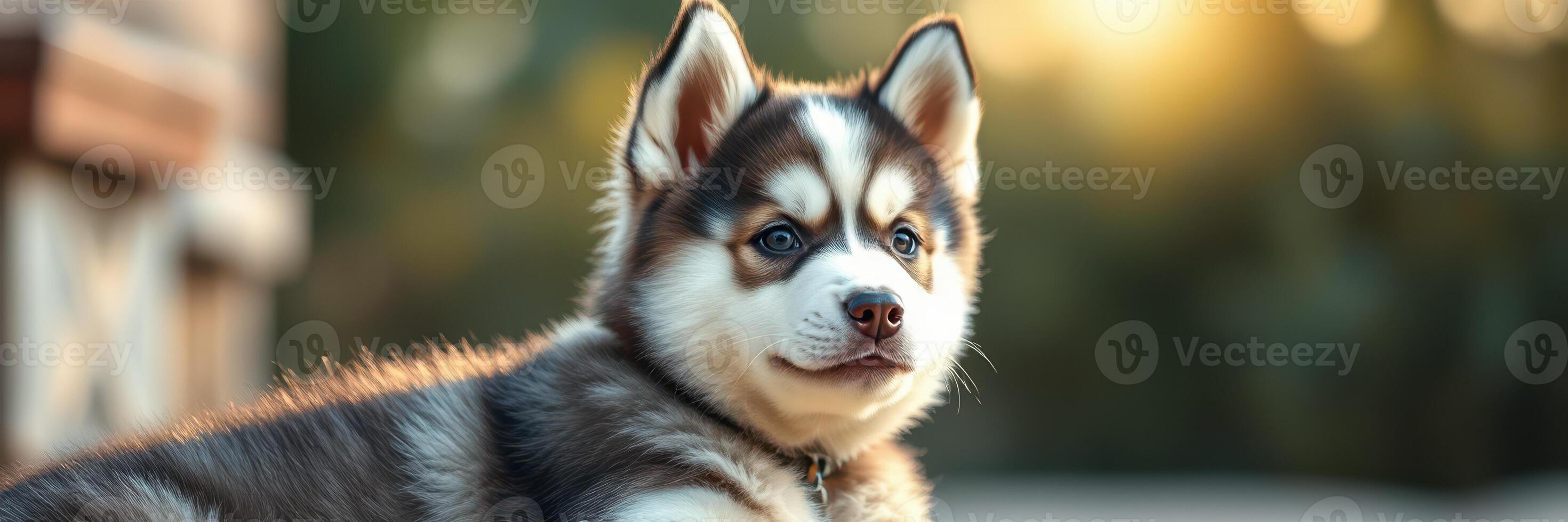 Cute husky puppy relaxing outdoors in soft sunlight during a peaceful afternoon photo