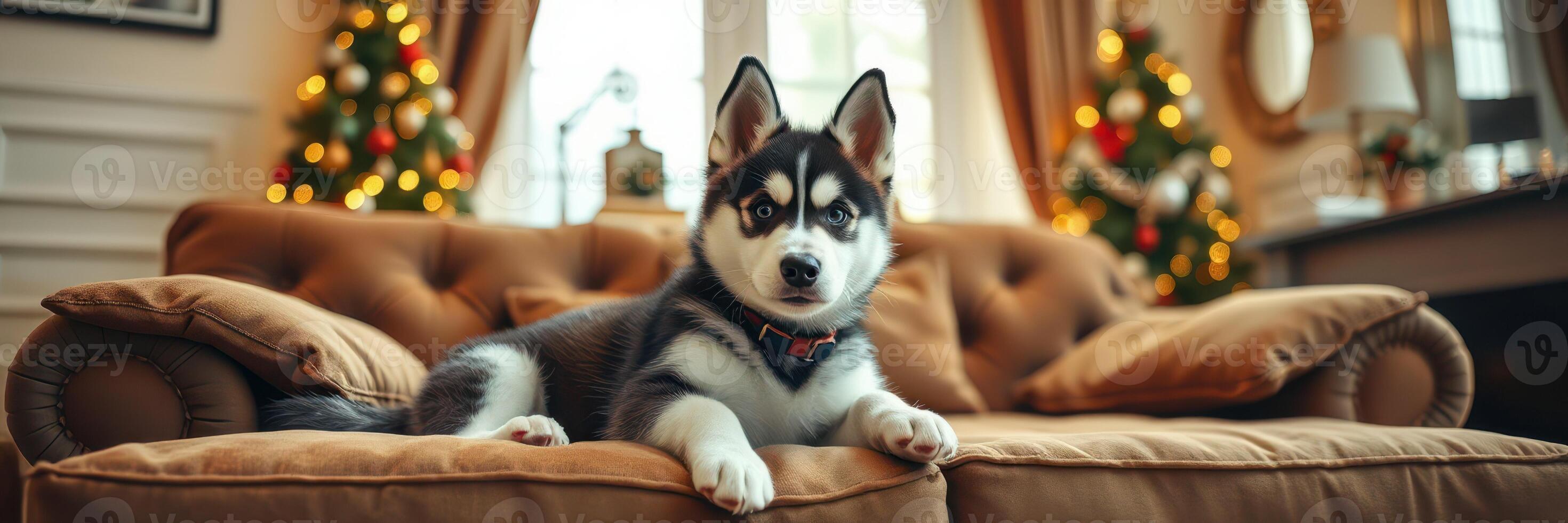 Cute husky dog relaxing on a cozy couch in a festive living room with decorated Christmas trees photo