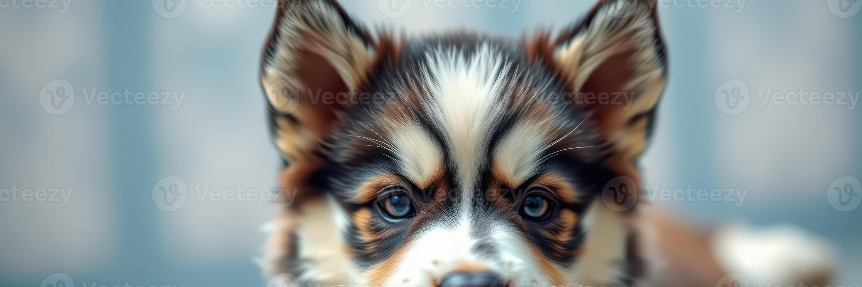 Cute puppy with striking markings gazes curiously at the viewer in a cozy indoor setting photo
