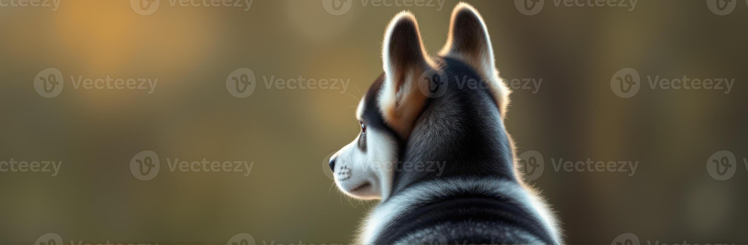Beautiful Siberian husky gazes into the distance during golden hour in a serene environment photo
