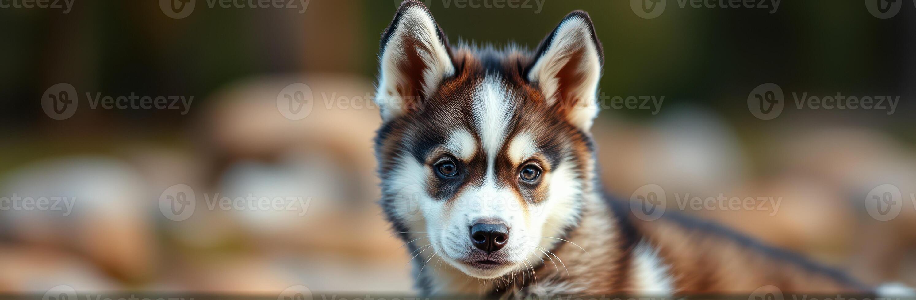 Cute husky puppy sitting on a bed of stones in a natural setting surrounded by greenery during daylight photo
