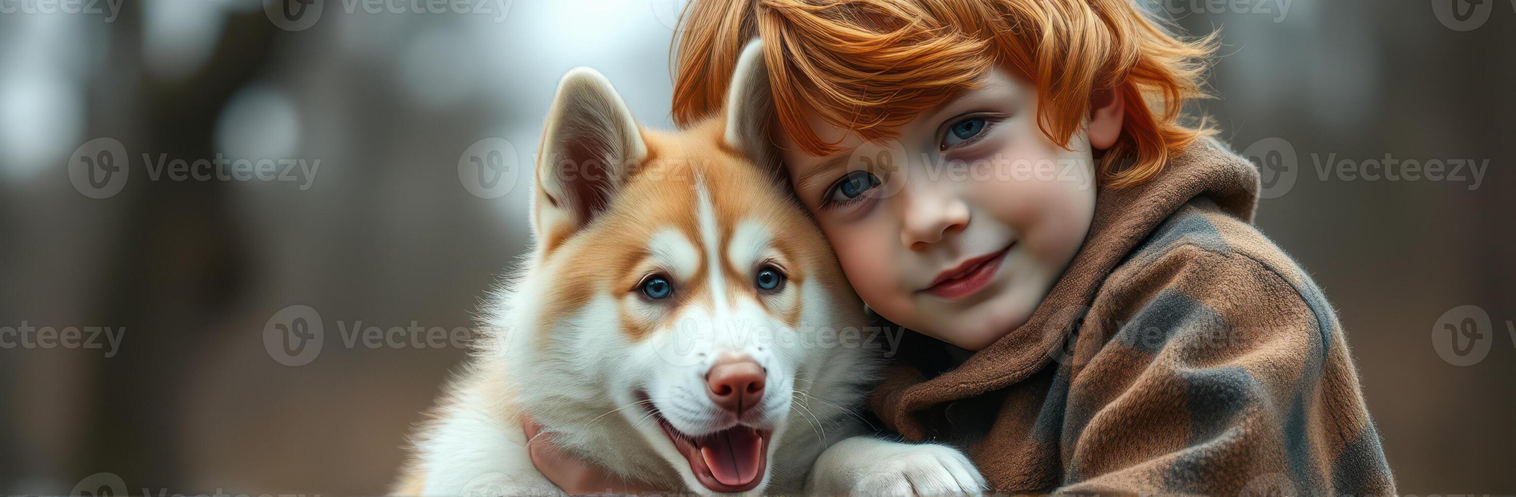 Child and husky puppy enjoy a moment of friendship in a serene outdoor setting during early autumn photo