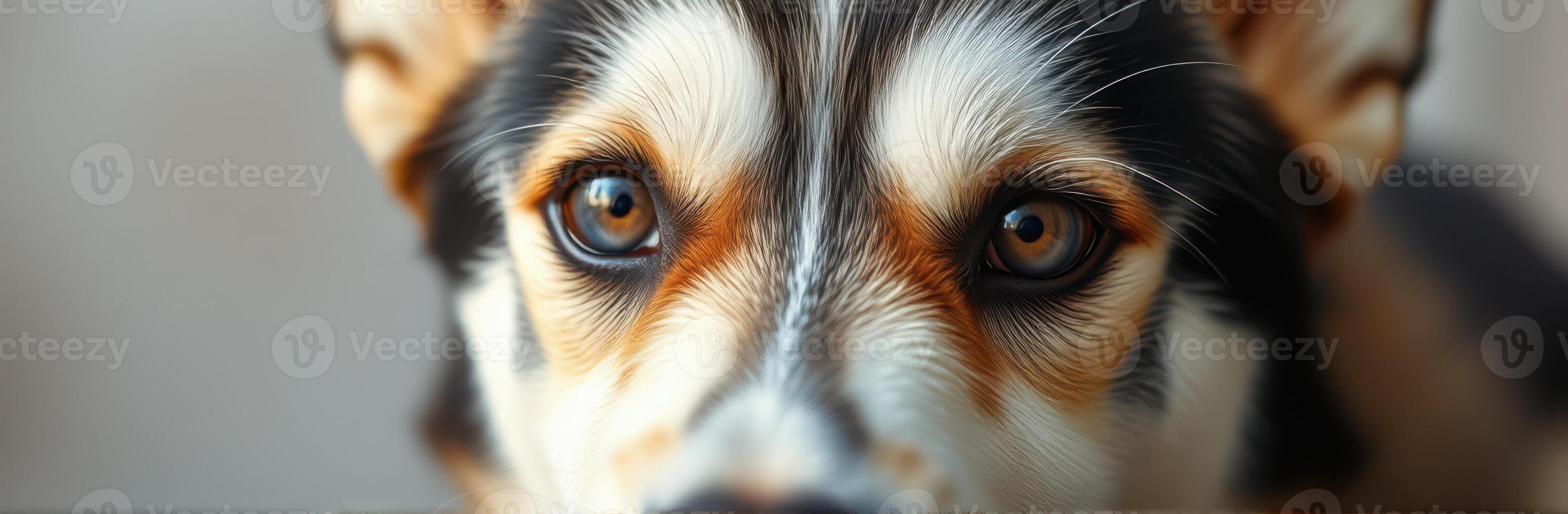 Close-up of a curious corgi looking directly at the viewer in soft lighting photo