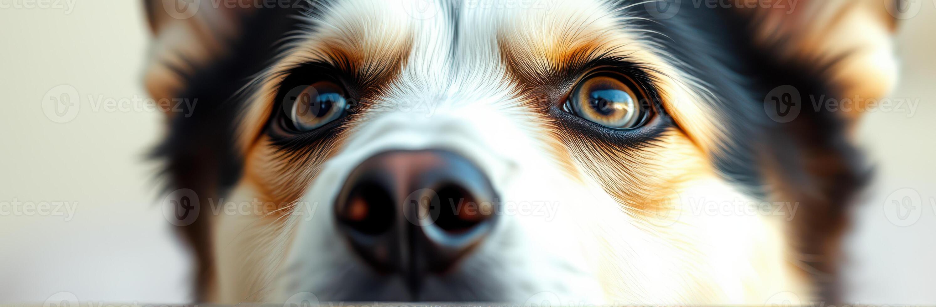 Close-up of a curious dog with striking eyes gazing intently at the camera in a cozy indoor setting photo